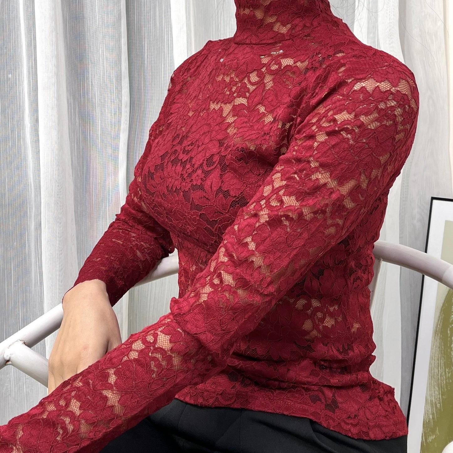 Slim Sexy Long Sleeve Lace Mock Neck Top - Women's Spring & Fall Clothing
