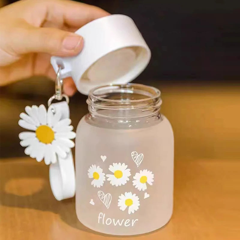 350ml Cute Daisy Flower Glass Water Bottle Portable Girl Frosted Mini Drinking Bottles Milk Juice Bottle Outdoor Travel Tumbler