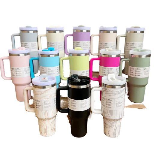 40oz 30oz Double Wall Stainless Steel Tumbler Flip Straw Coffee Mug Vacuum Bottle with Handle