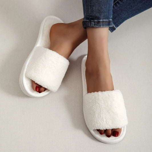 2025 House Slippers Women Four Seasons New Open Toe Fur Warm Plush Comfortable Lightweight Flat Home Shoes comfortable slippers