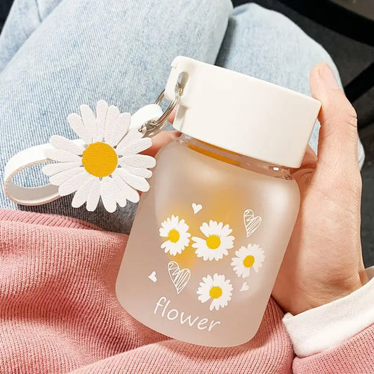 350ml Cute Daisy Flower Glass Water Bottle Portable Girl Frosted Mini Drinking Bottles Milk Juice Bottle Outdoor Travel Tumbler